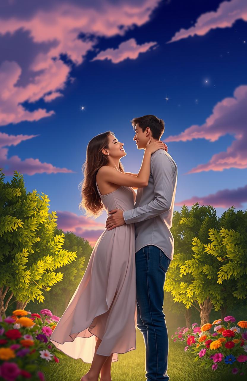 A romantic scene featuring a young couple embracing under a twilight sky, with soft clouds and twinkling stars in the background