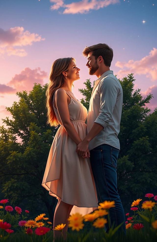 A romantic scene featuring a young couple embracing under a twilight sky, with soft clouds and twinkling stars in the background