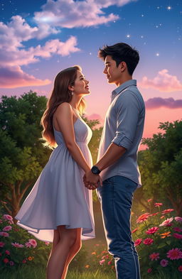 A romantic scene featuring a young couple embracing under a twilight sky, with soft clouds and twinkling stars in the background