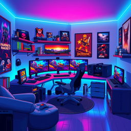 A pixel art depiction of a gaming room featuring a stylish gaming setup