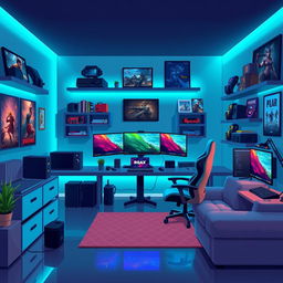 A pixel art depiction of a gaming room featuring a stylish gaming setup
