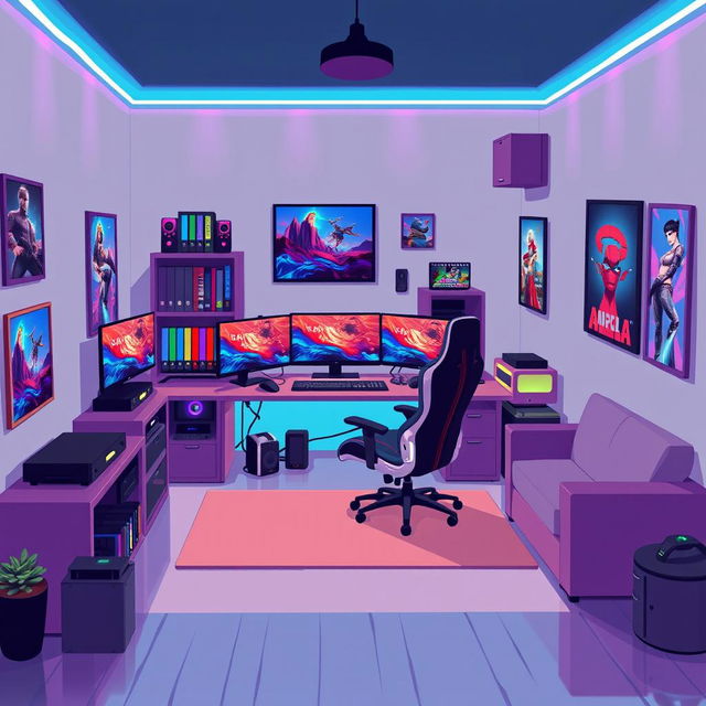 A pixel art depiction of a gaming room featuring a stylish gaming setup