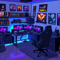 A pixel art depiction of a gaming room featuring a stylish gaming setup
