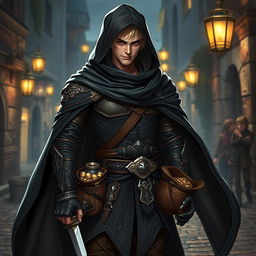 A male thief character in a fantasy setting, depicted in full body