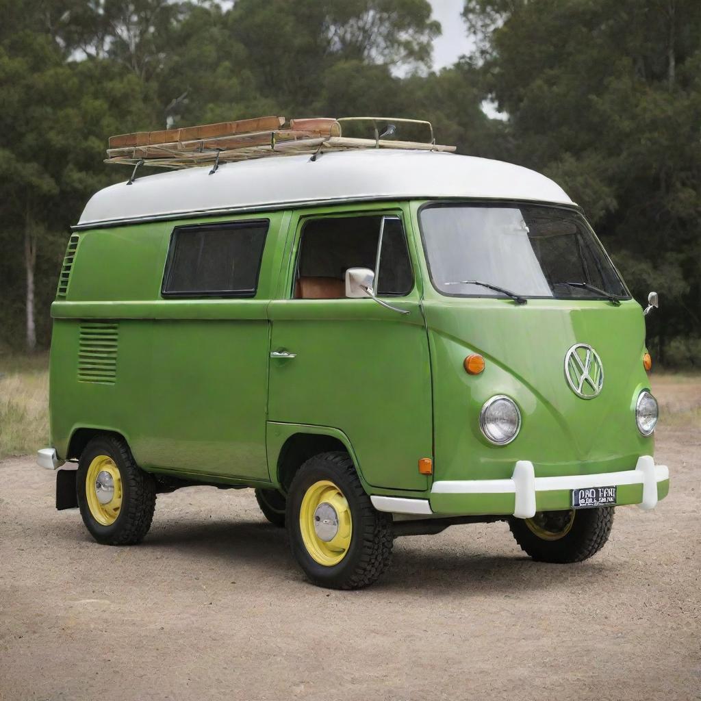 A hybrid design concept joining the robust, industrial features of a John Deere tractor with the retro, adventurous look of a VW Kombi van, presenting an intriguing fusion of utility and recreational use