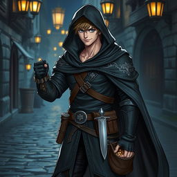 A male thief character in a fantasy setting, depicted in full body
