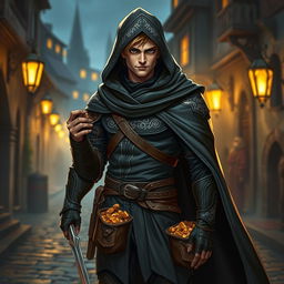 A male thief character in a fantasy setting, depicted in full body