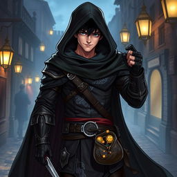 A male thief character in a fantasy setting, depicted in full body