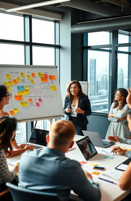 A dynamic meeting room filled with diverse professionals engaging in a lively brainstorming session about organization change