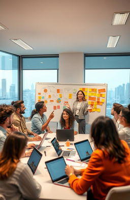 A dynamic meeting room filled with diverse professionals engaging in a lively brainstorming session about organization change