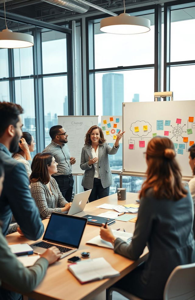 A dynamic meeting room filled with diverse professionals engaging in a lively brainstorming session about organization change