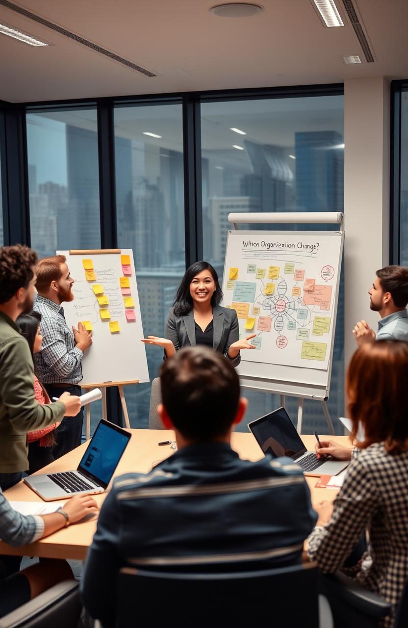 A dynamic meeting room filled with diverse professionals engaging in a lively brainstorming session about organization change