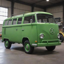 A hybrid design concept joining the robust, industrial features of a John Deere tractor with the retro, adventurous look of a VW Kombi van, presenting an intriguing fusion of utility and recreational use