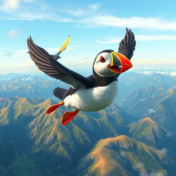 A breathtaking view of Pip the puffin flying alongside a magical bird over beautiful mountains and valleys