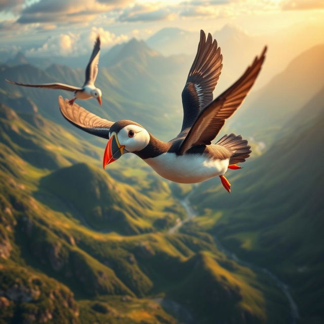 A breathtaking view of Pip the puffin flying alongside a magical bird over beautiful mountains and valleys