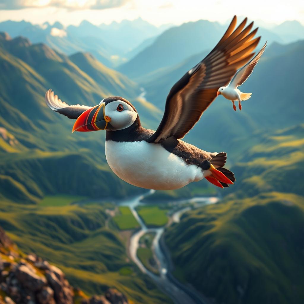 A breathtaking view of Pip the puffin flying alongside a magical bird over beautiful mountains and valleys