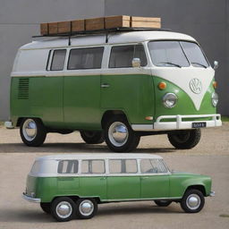 A hybrid design concept joining the robust, industrial features of a John Deere tractor with the retro, adventurous look of a VW Kombi van, presenting an intriguing fusion of utility and recreational use