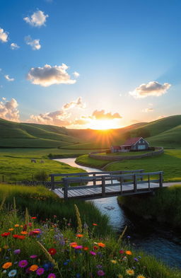 A serene landscape featuring an idyllic countryside, with rolling green hills, a clear blue sky dotted with fluffy white clouds, and a tranquil river winding through the scene
