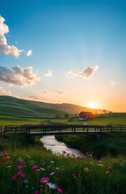 A serene landscape featuring an idyllic countryside, with rolling green hills, a clear blue sky dotted with fluffy white clouds, and a tranquil river winding through the scene