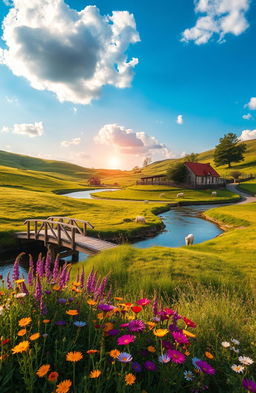 A serene landscape featuring an idyllic countryside, with rolling green hills, a clear blue sky dotted with fluffy white clouds, and a tranquil river winding through the scene