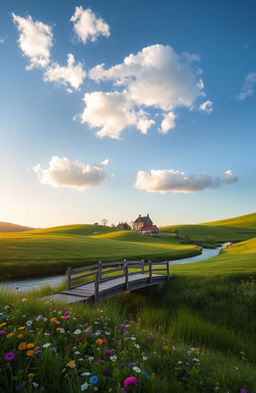 A serene landscape featuring an idyllic countryside, with rolling green hills, a clear blue sky dotted with fluffy white clouds, and a tranquil river winding through the scene