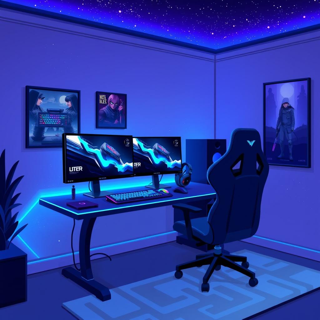 A pixel art representation of a stylish gamer room featuring a modern gaming setup