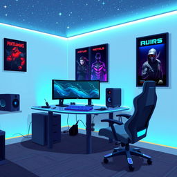 A pixel art representation of a stylish gamer room featuring a modern gaming setup