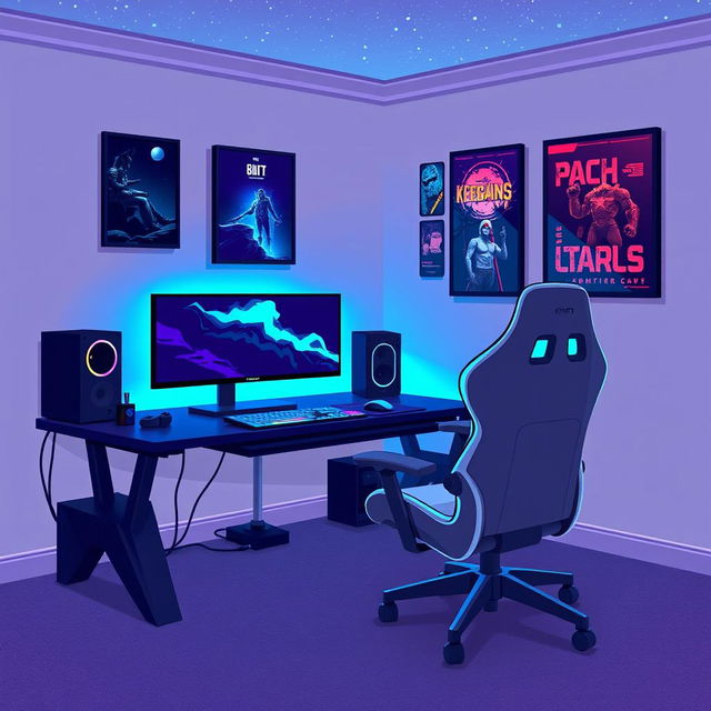 A pixel art representation of a stylish gamer room featuring a modern gaming setup