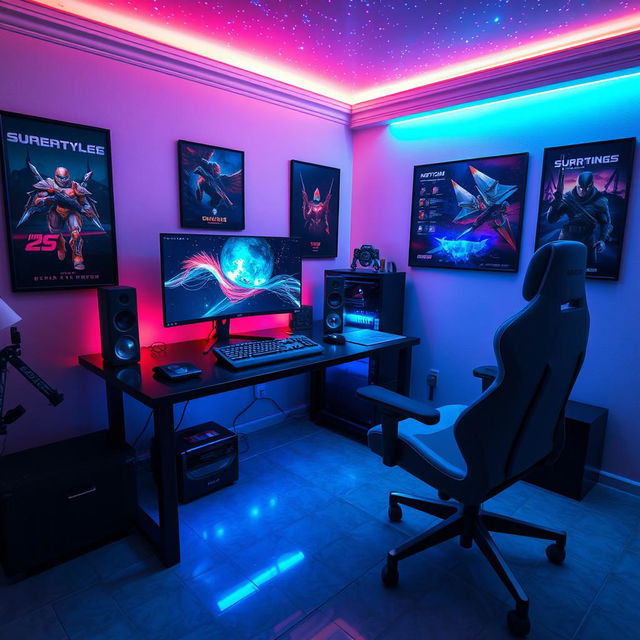 A highly pixelated representation of a stylish gamer room featuring a modern gaming setup