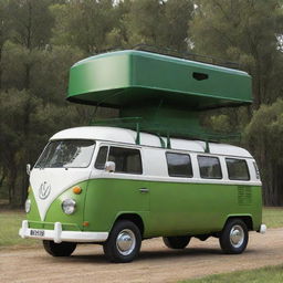 A hybrid design concept joining the robust, industrial features of a John Deere tractor with the retro, adventurous look of a VW Kombi van, presenting an intriguing fusion of utility and recreational use