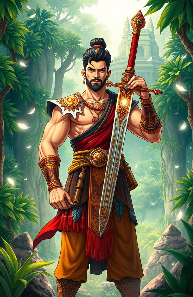 An illustration depicting a legendary male hero from the 'Pendekar Damar Hikayat', showcasing his strong and noble features