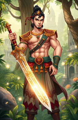 An illustration depicting a legendary male hero from the 'Pendekar Damar Hikayat', showcasing his strong and noble features