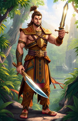 An illustration depicting a legendary male hero from the 'Pendekar Damar Hikayat', showcasing his strong and noble features