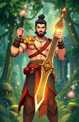 An illustration depicting a legendary male hero from the 'Pendekar Damar Hikayat', showcasing his strong and noble features