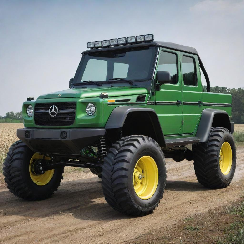 A design concept for a vehicle that blends the sturdy, agricultural features of a John Deere tractor with the muscular, luxury off-road aesthetics of a G Wagon, creating an interesting balance between farm utility and urban opulence