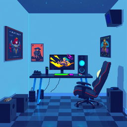 A pixel art depiction of a cozy gamer room featuring a modern gaming setup