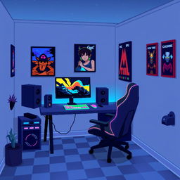 A pixel art depiction of a cozy gamer room featuring a modern gaming setup