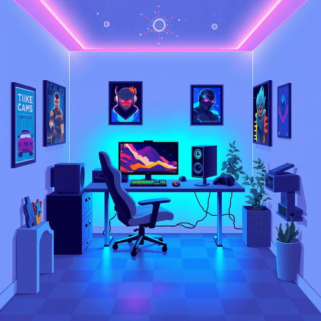 A pixel art depiction of a cozy gamer room featuring a modern gaming setup