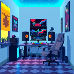 A pixel art depiction of a cozy gamer room featuring a modern gaming setup