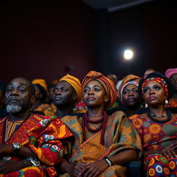 A group of black men and women dressed in colorful traditional African attire, seated in a movie theater