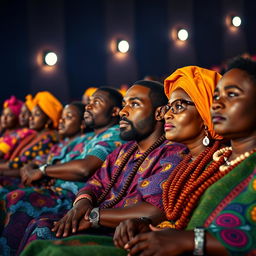 A group of black men and women dressed in colorful traditional African attire, seated in a movie theater