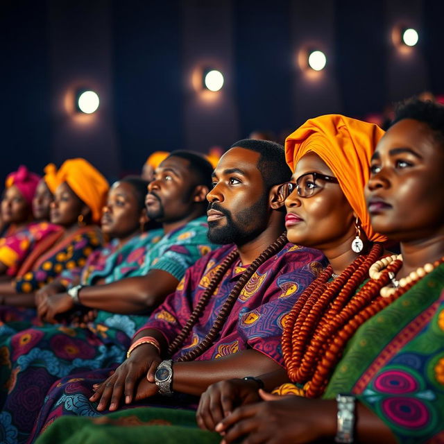 A group of black men and women dressed in colorful traditional African attire, seated in a movie theater