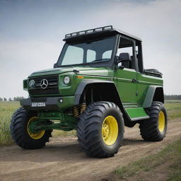 A design concept for a vehicle that blends the sturdy, agricultural features of a John Deere tractor with the muscular, luxury off-road aesthetics of a G Wagon, creating an interesting balance between farm utility and urban opulence