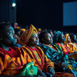 A group of black men and women dressed in colorful traditional African attire, seated in a movie theater