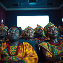 A group of black men and women dressed in colorful traditional African attire, seated in a movie theater