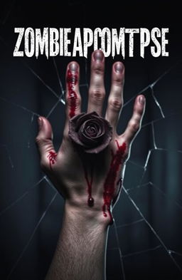 A chilling zombie apocalypse themed cover, featuring a close-up view of a bloody hand pressed against a shattered glass surface
