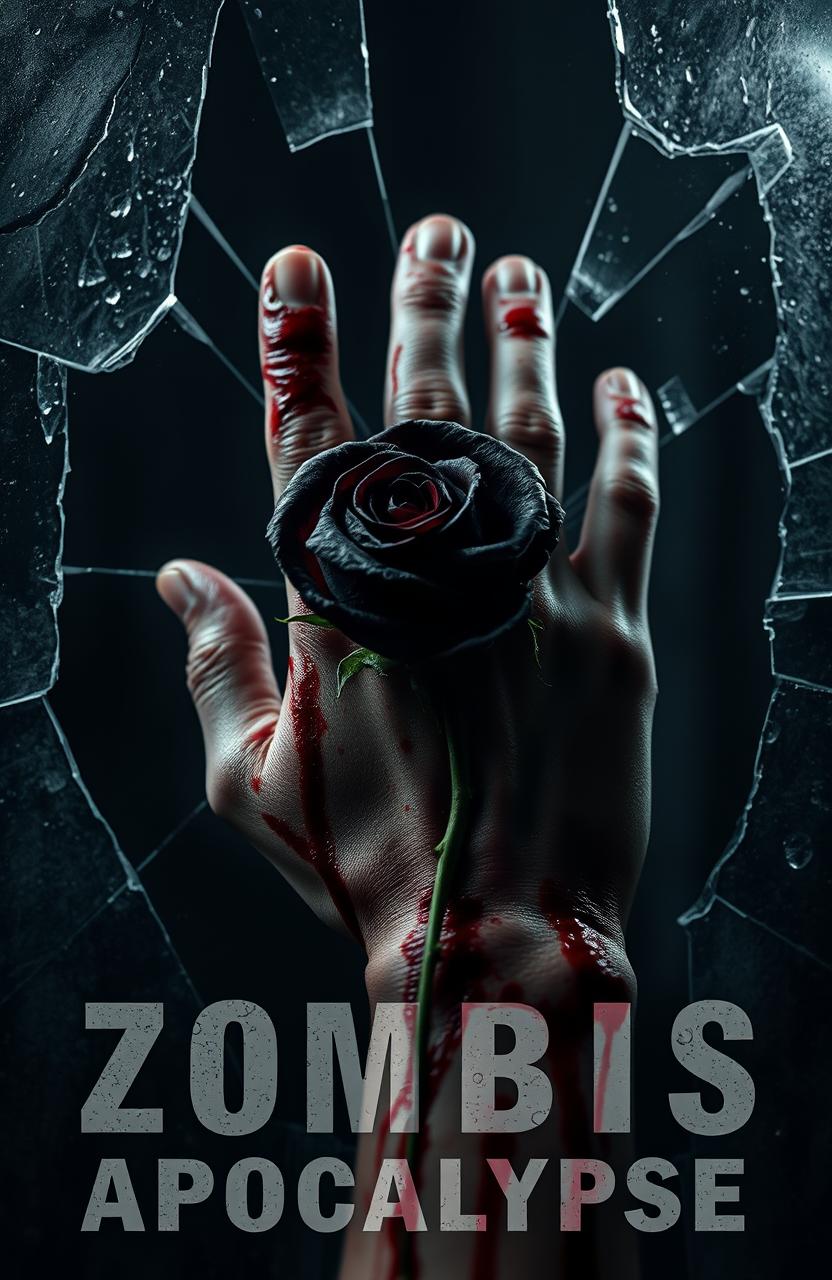 A chilling zombie apocalypse themed cover, featuring a close-up view of a bloody hand pressed against a shattered glass surface