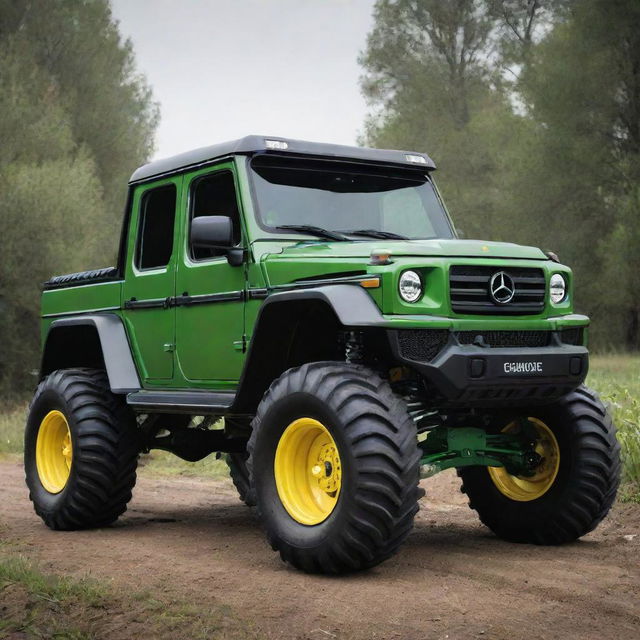 A design concept for a vehicle that blends the sturdy, agricultural features of a John Deere tractor with the muscular, luxury off-road aesthetics of a G Wagon, creating an interesting balance between farm utility and urban opulence