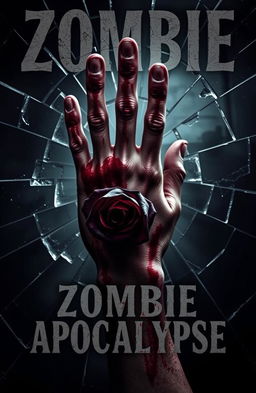 A chilling zombie apocalypse themed cover, featuring a close-up view of a bloody hand pressed against a shattered glass surface