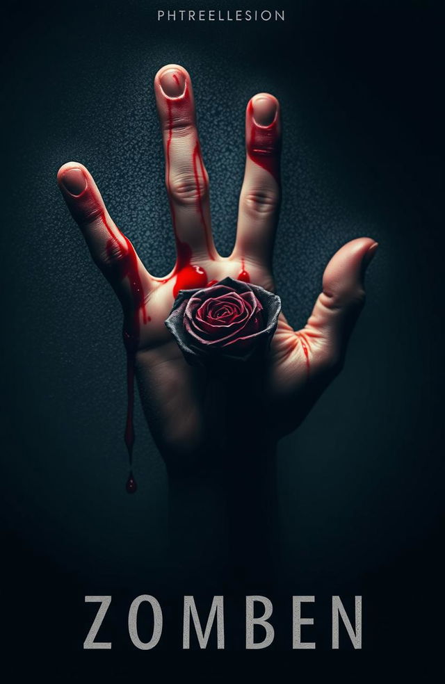 A haunting, atmospheric cover design depicting a close-up of a bloodied hand pressing against a frosted glass surface, with a dark, wilted rose placed in the center